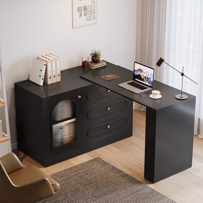 Modern 360° Rotatable Computer Desk, Executive Desk with 3 Drawers