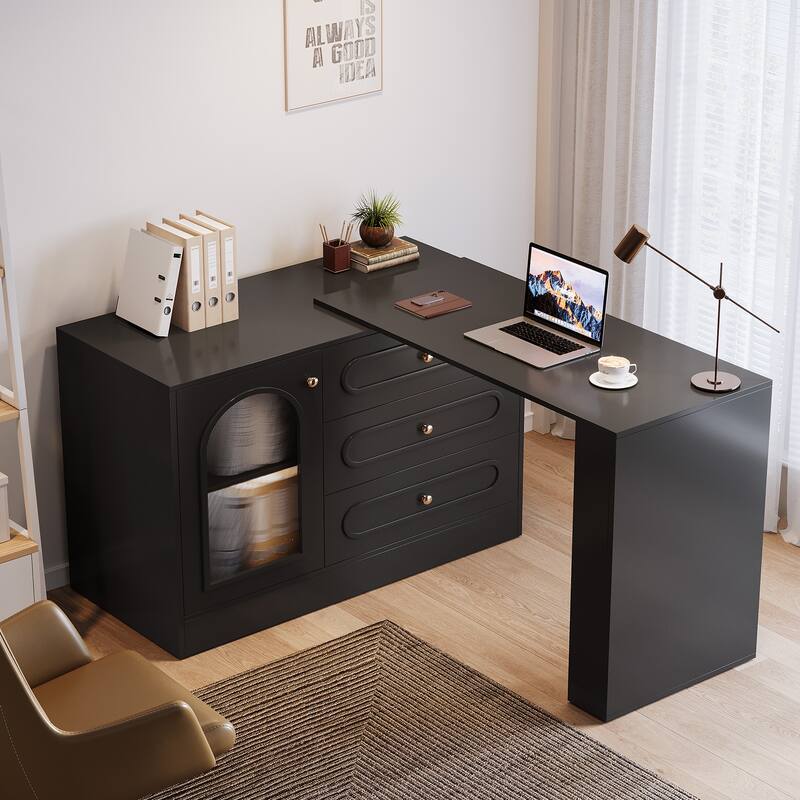 Modern 360° Rotatable Computer Desk with 3 Drawers, L Shaped Corner Executive Desk - Black
