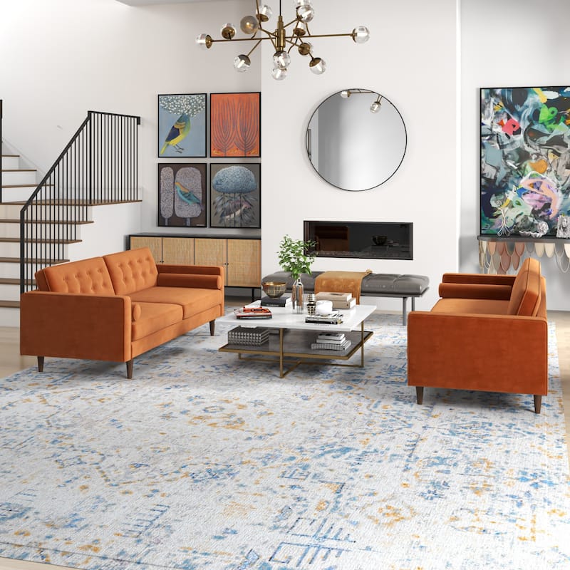 Kenzo Mid Century Pillow Back Velvet Sofa and Loveseat Set