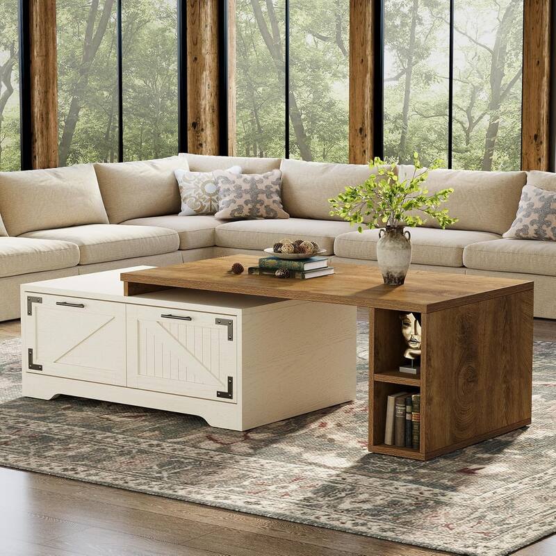 Extendable Large Coffee Table with 2 Storage Drawers and Open Shelves, White & Rustic Brown