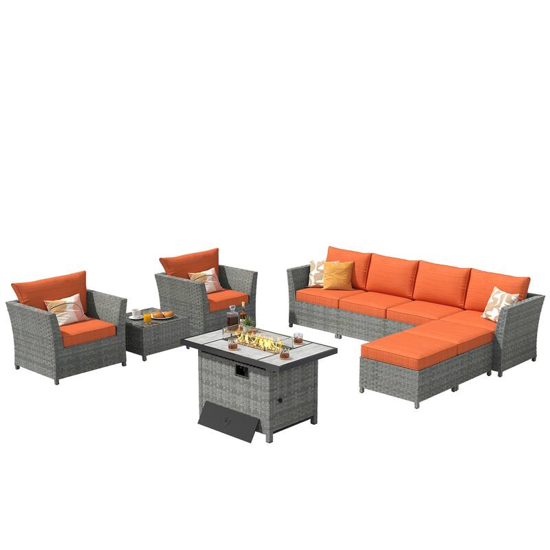 XIZZI 10-piece Outdoor Furniture Rattan Wicker Sectional Sofa with Fire Pit