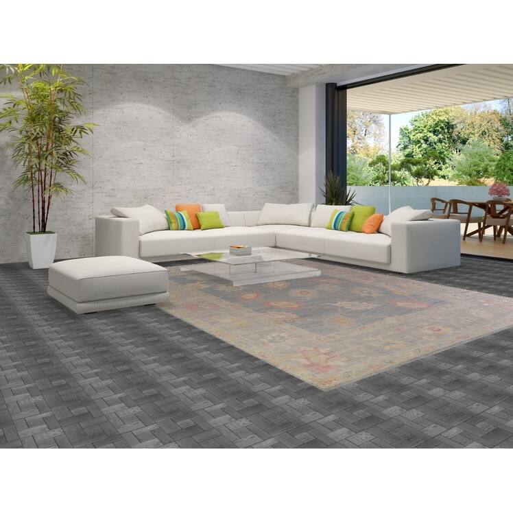 Hand Knotted Oriental 100% Wool Carpet Transitional All-Over Navy Blue & Blues Oushak Area Rug - 12' 5'' X 8' 11''