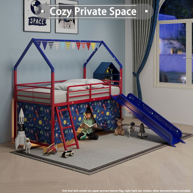 Superhero Themed Twin Loft Bed with Slide and Safety Features for Kids