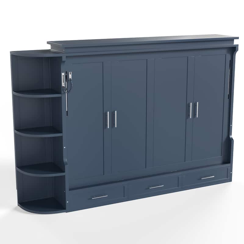 Murphy Platform Bed with Side Cabinets & Drawers, Wall Bed with Shelf for Home Office, Queen or Full