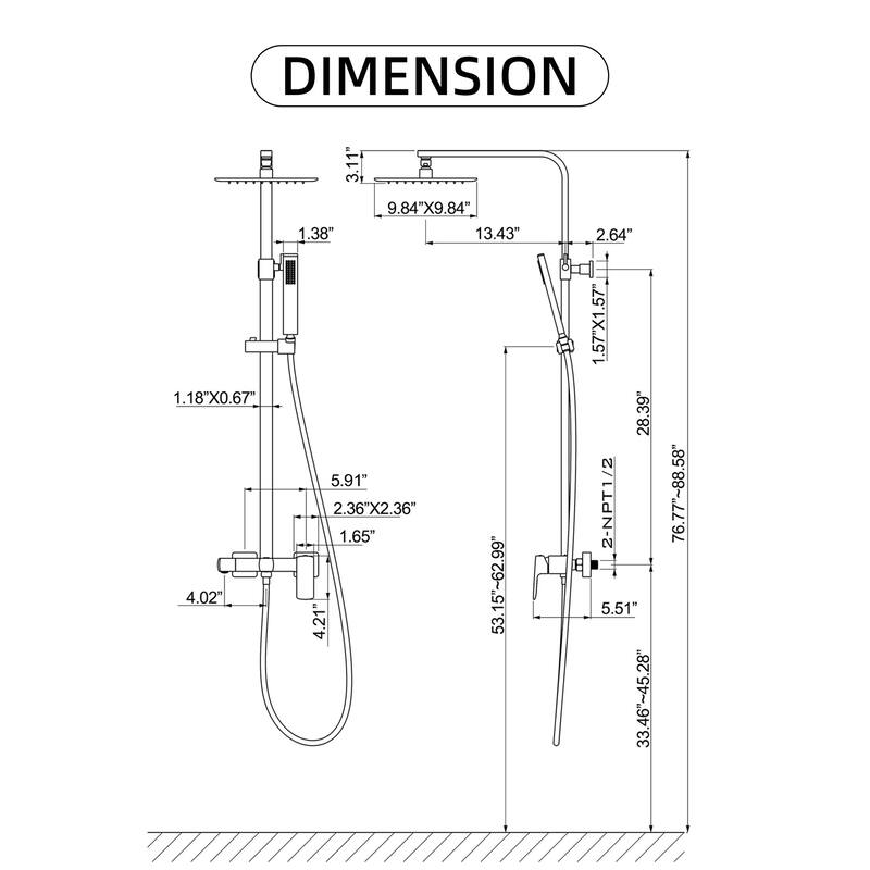 Modland Wall Mounted 3-Way Exposed Install Complete Rain Shower System with High Pressure Showerhead, Black/Gold