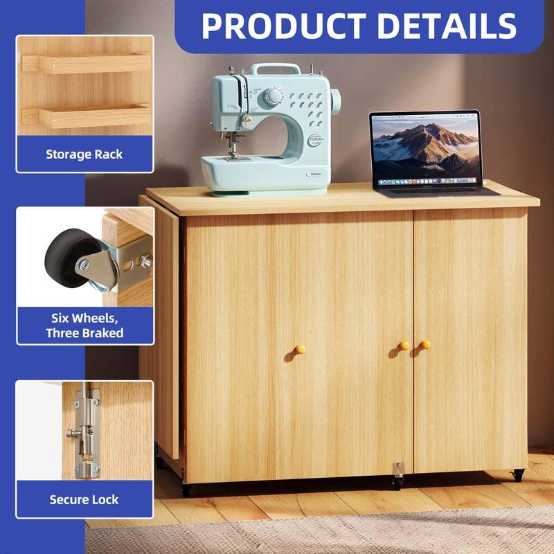 Moasis Folding Sewing Craft Table with Storage Shelves Cabinet With Charge Station