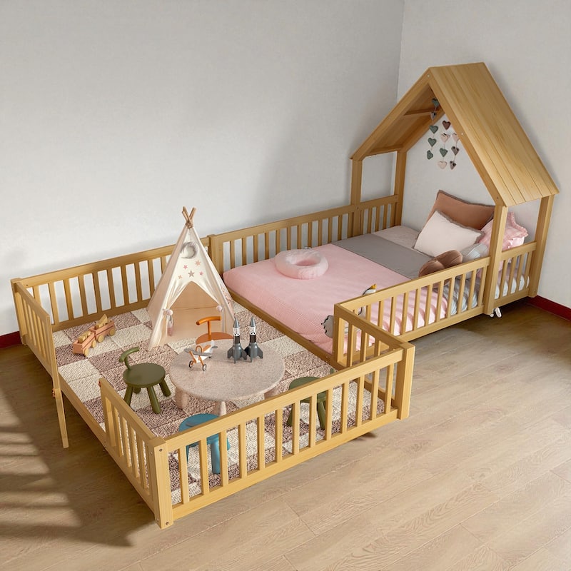 Twin/Full Size House Floor Bed with Door and Guardrails, Double Twin/Full Solid Wood Montessori Bed for Kids - Natural - Full
