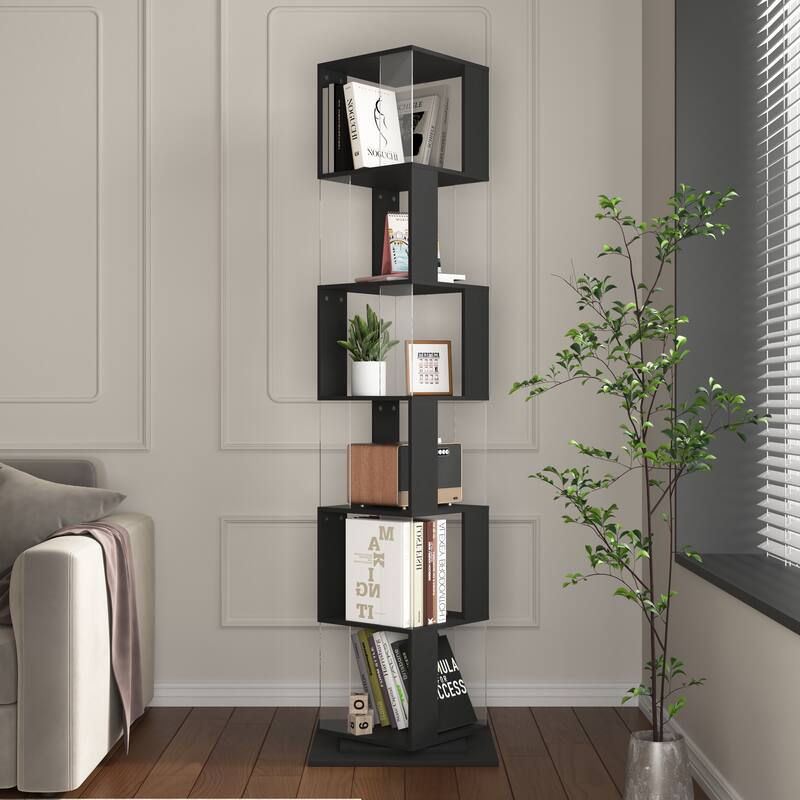 6 tier Rotating Bookshelf, Floor Rack Simple Bookcase with Acrylic plate Bookshelf with anti-toppling base - Black