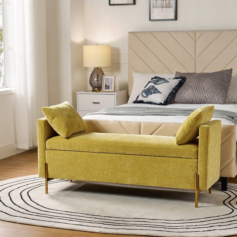 Angelus Upholstered Flip Top Storage Bench withTwo Pillows and Arms by HULALA HOME - Mustard