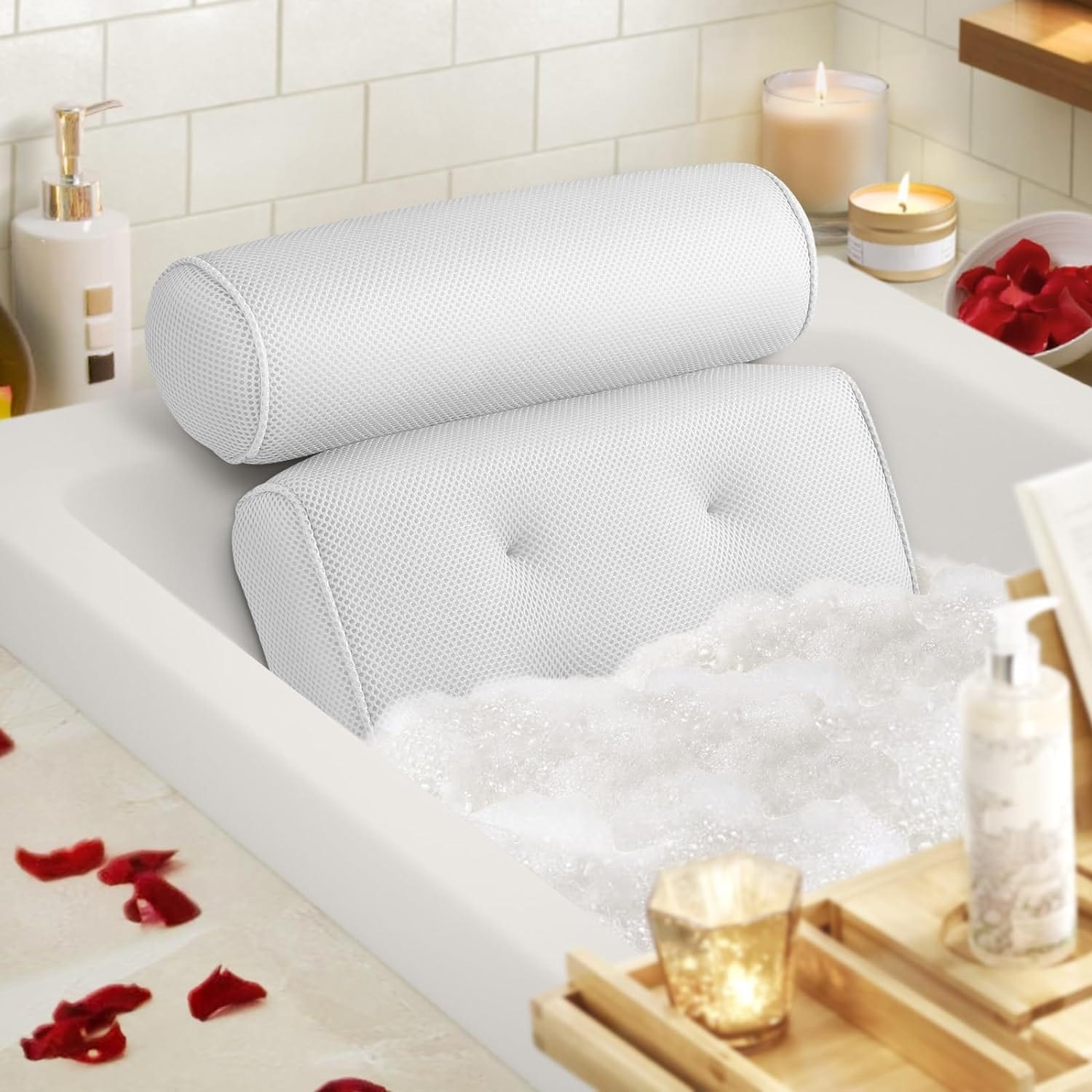 Bath Pillow Bathtub Pillow with 6 Non Slip Suction Cups for Head Neck and Back Support