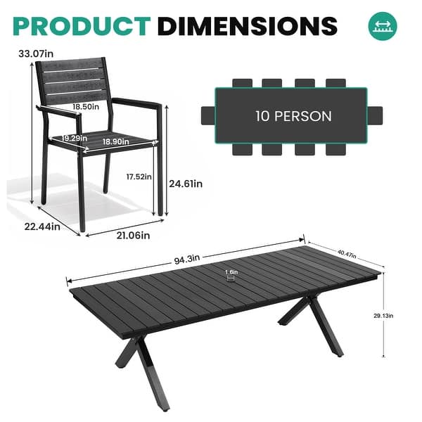 dimension image slide 0 of 2, 11PC Outdoor Patio Aluminum X-Frame Dining Set Table with Stackable Chairs Umbrella Hole