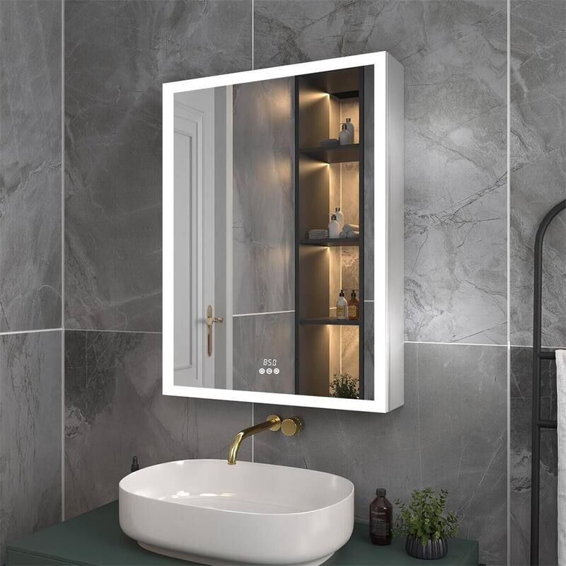 LED Wall Mounted Bathroom Medicine Cabinet with Double-side Mirror and Anti-defog Left Open