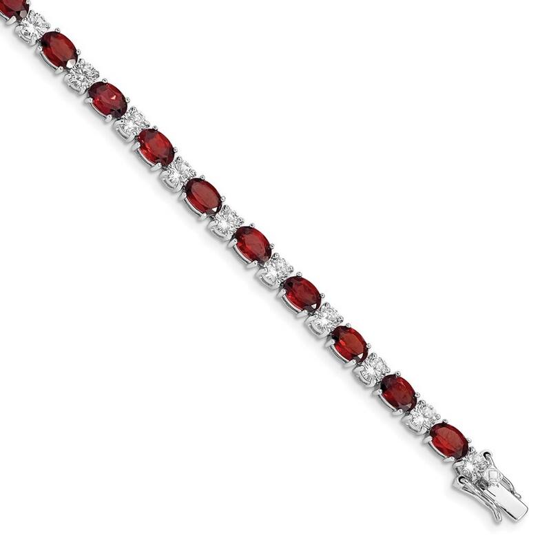 Curata 925 Sterling Silver Polished Box Catch Closure Garnet and CZ Cubic Zirconia Simulated Diamond Bracelet 7.5 Inch Box Clasp