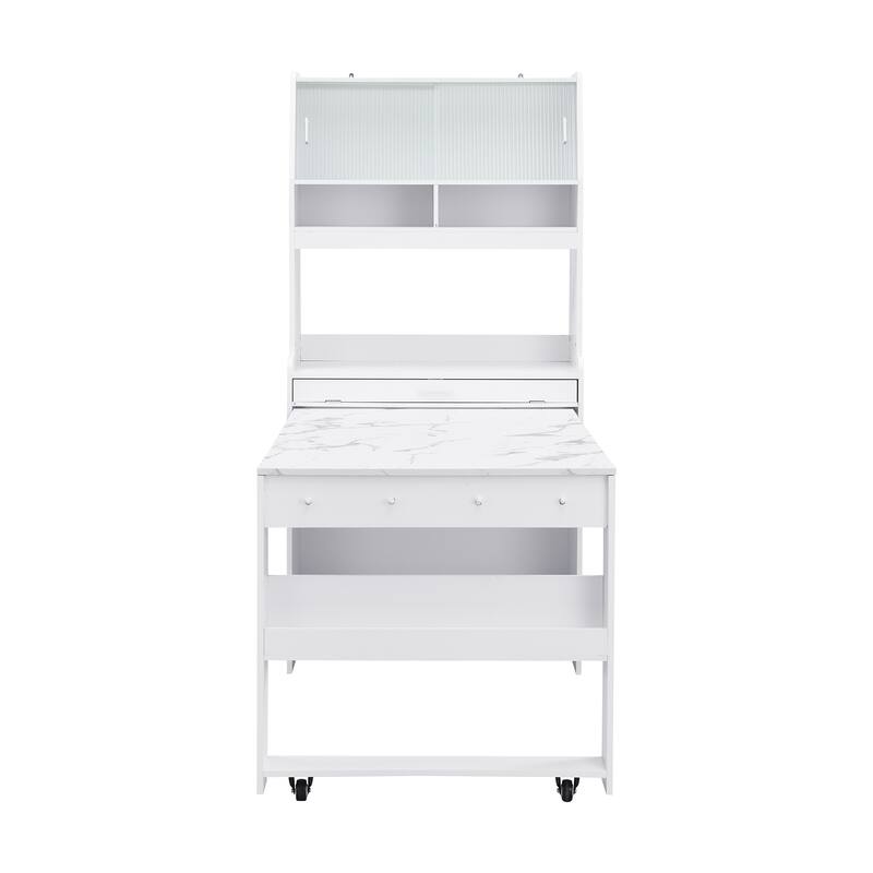 Multifunctional Buffet Hutch and Foldable Dining Table with Storage Unit and Rolling Wheels for Small Spaces