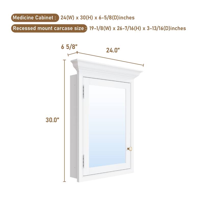 24"W X30''H Recessed Wall-Mounted Solid Wood Framed Medicine Cabinet With Adjustable Glass Shelves