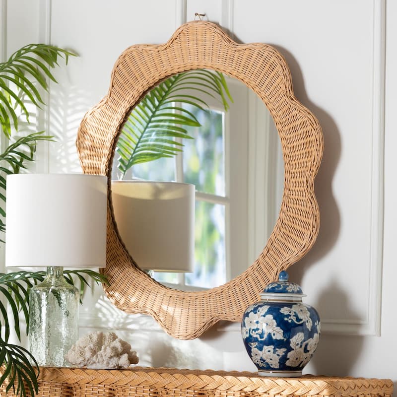 Makoto Scalloped Natural Rattan Wall Mirror - Handwoven Wicker Oval Frame, Boho Coastal Accent Decor for Entryway or Bedroom - Honey - Round
