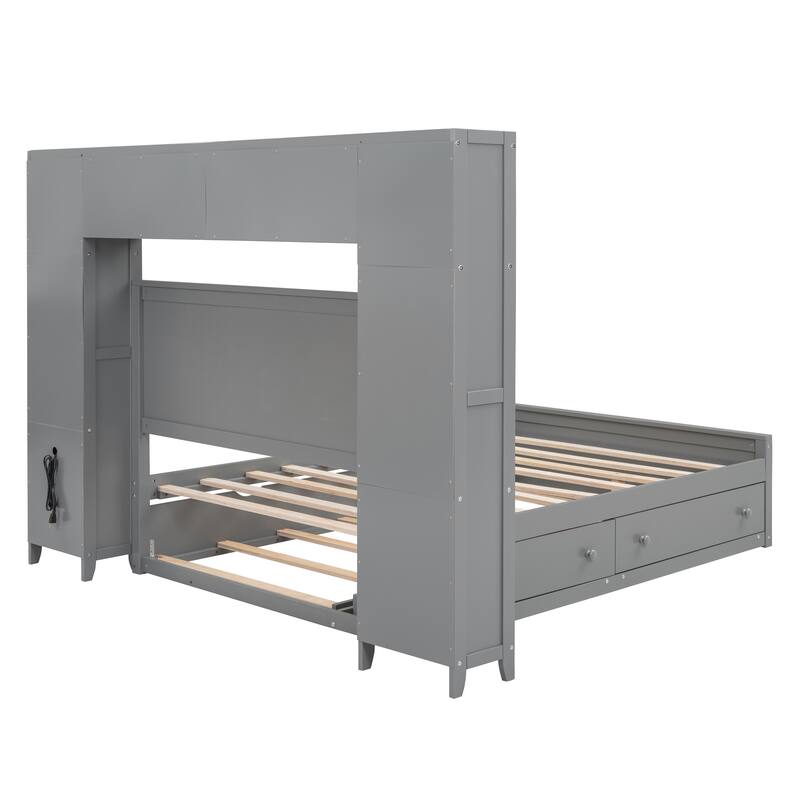 Wood Platform Bed with All-in-One Cabinet and Shelf, Slat Support Bed Frame, Storage Headboard with 10 Shelf Cubes & 4 Cabinets