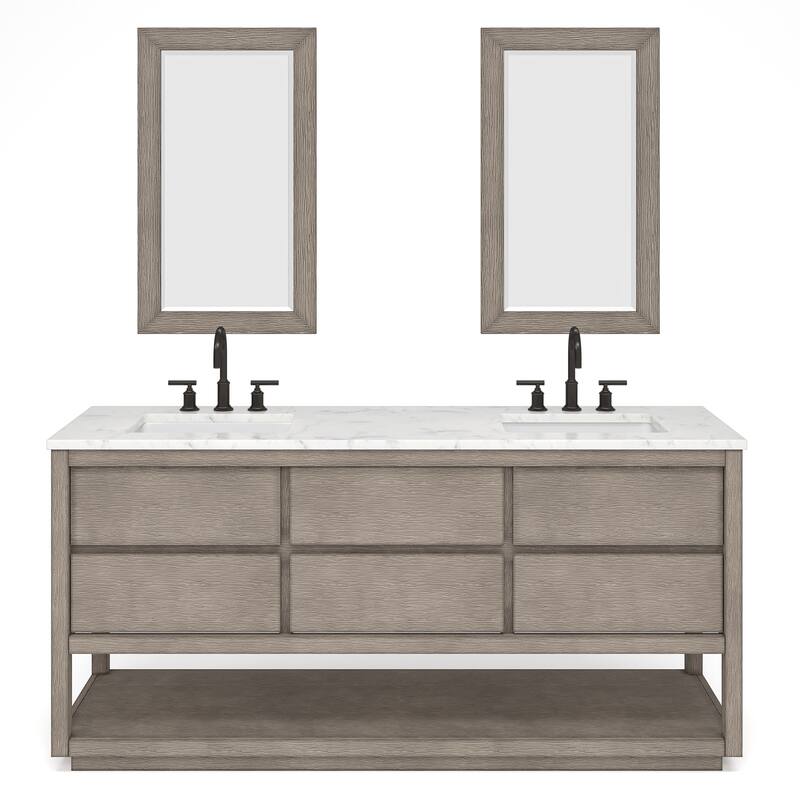 Oakman Carrara White Marble Countertop Bath Vanity in Grey Oak with Mirror - 72"