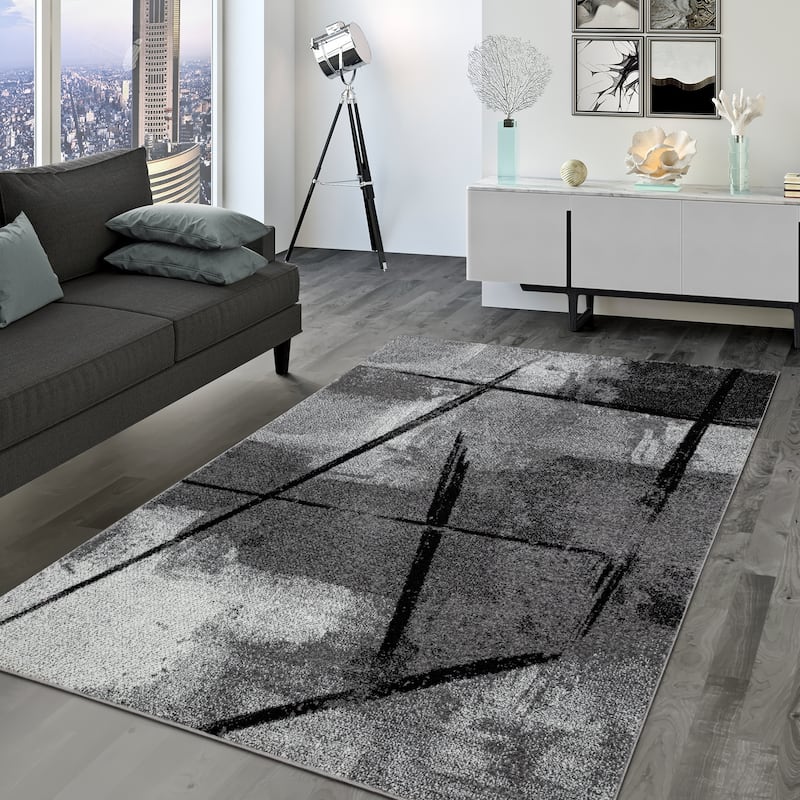 Grey Black Area Rug Modern Design with Abstract Paint Effect - 7'10" x 11'2"