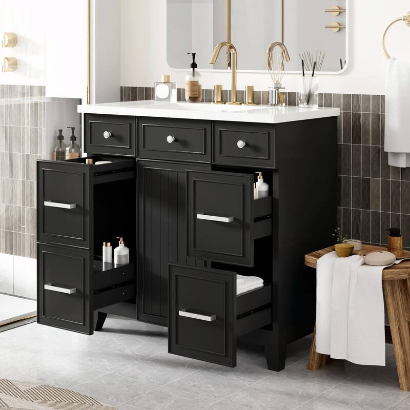 36" Bathroom Vanity with Ceramic Sink, Blue, Solid Wood Frame, Soft-Close Doors, Adjustable Shelves