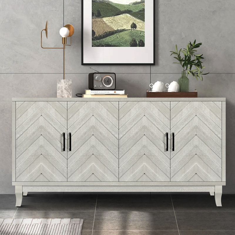 Sideboard Cabinet with 4 Doors, Kitchen Buffet Cabinet with Solid Wood Base, Coffee Bar Cabinet with Adjustable Shelves - Champagne,Silver