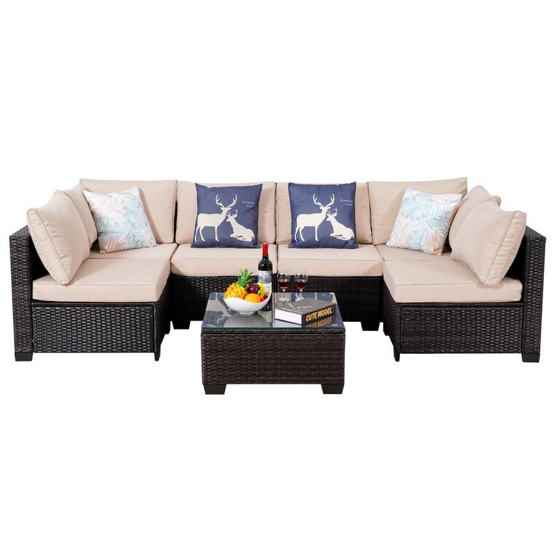 7-Piece Wicker Outdoor Sectional Set with Cushions and Coffee Table