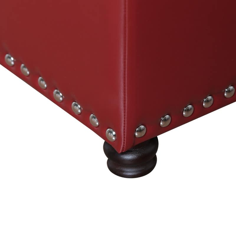 Adeco Red Leather Rectangular Storage Ottoman with Lid