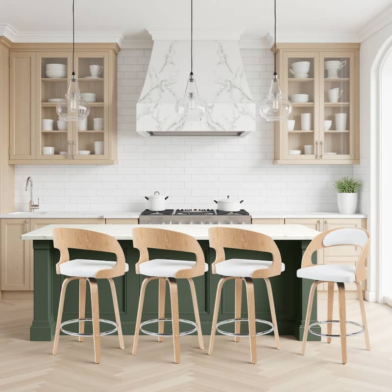 Shelly Mid-Century Swivel Bar Stool, Upholstered Counter Height Chair with Bentwood Legs - White & Oak - Counter Height - Set of 4