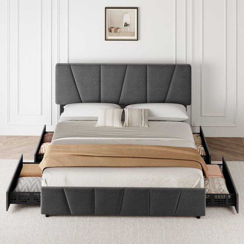 Platform Bed Frame with 4 Storage Drawers and Headboard - Grey - King