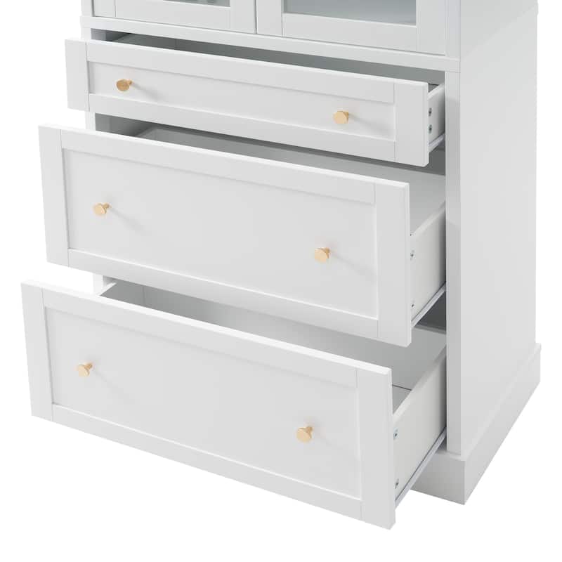 Modern Bathroom Storage Cabinet with Glass Doors and Drawers, Tall Freestanding Floor Cabinet with Adjustable Shelves