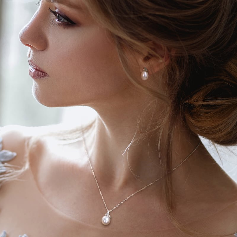 Miadora Cultured FW Pearl & Diamond Accent Drop Earrings & Necklace Set in Sterling Silver (6.5-7mm)