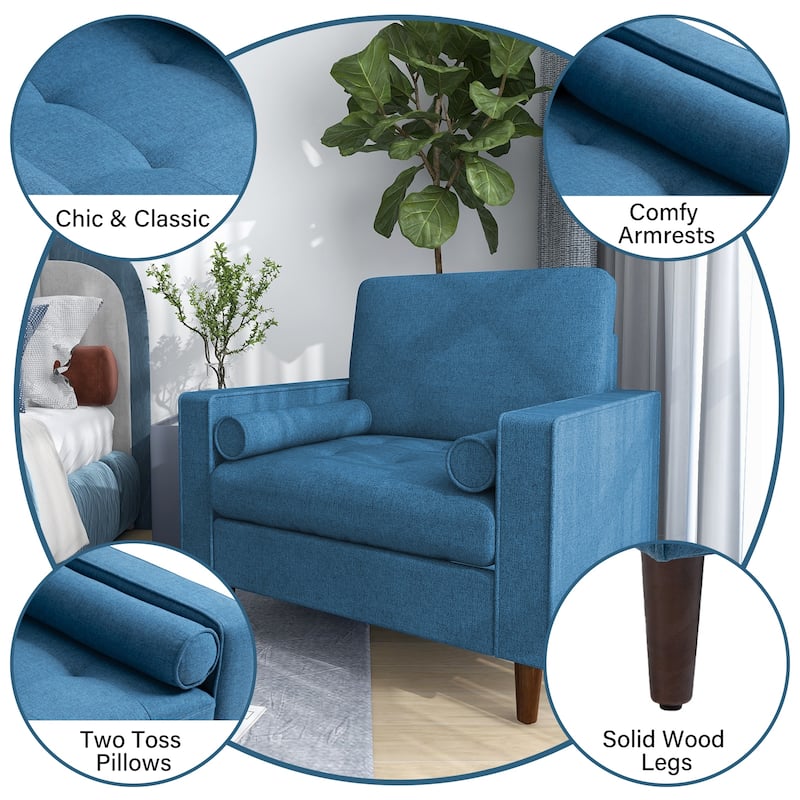 Living Room Wide Armchair Accent Chair Linen With Bolster Pillow