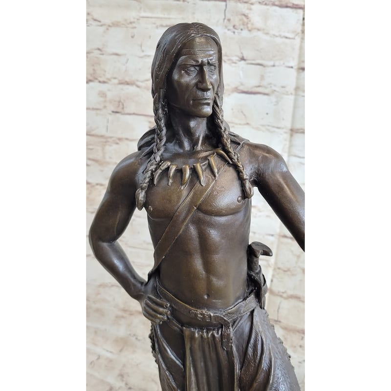 Native American Indian Warrior In Bear Skin Headdress Bronze Statue Sculpture Figure 22 Inches X X11 Inches