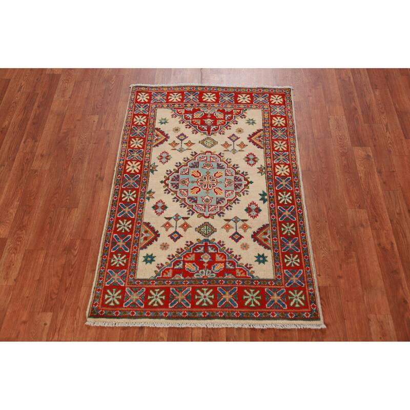 Ivory Kazak Foyer Rug Hand-Knotted Wool Carpet - 2'8"x 4'1"