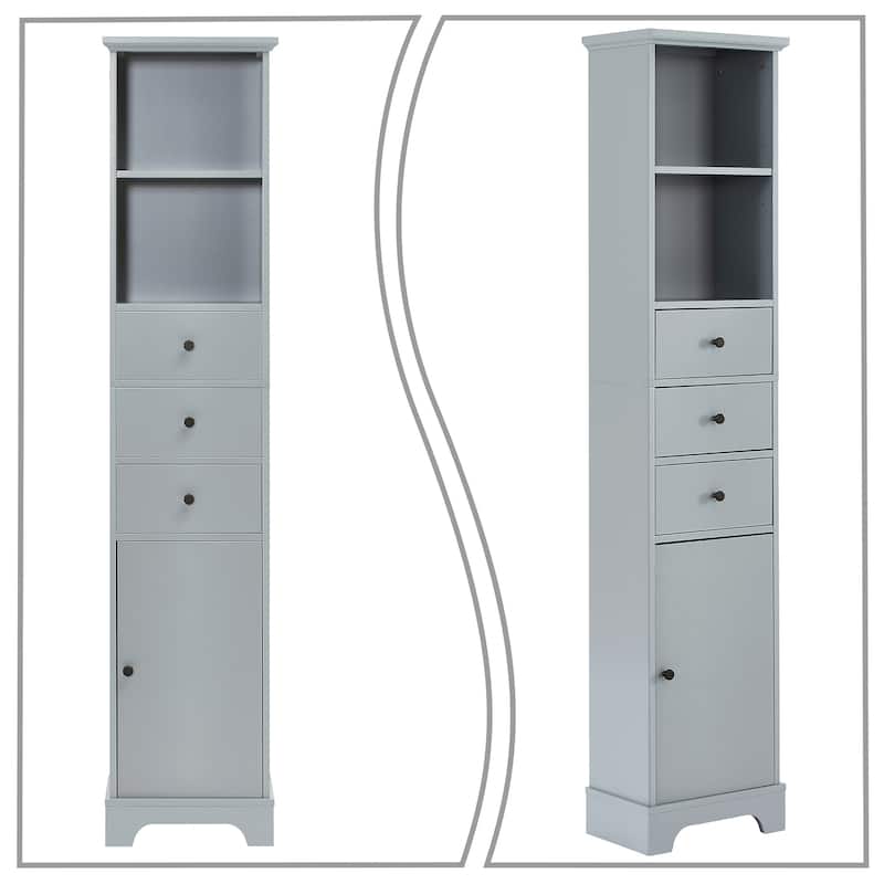 Slim Tall Bathroom Storage Cabinet with an Open Shelf, Three Drawers and a Cabinet