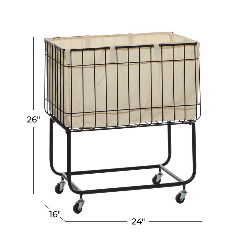 Black Metal Deep Set Wire Basket Storage Cart with Wheels and Fabric Lining