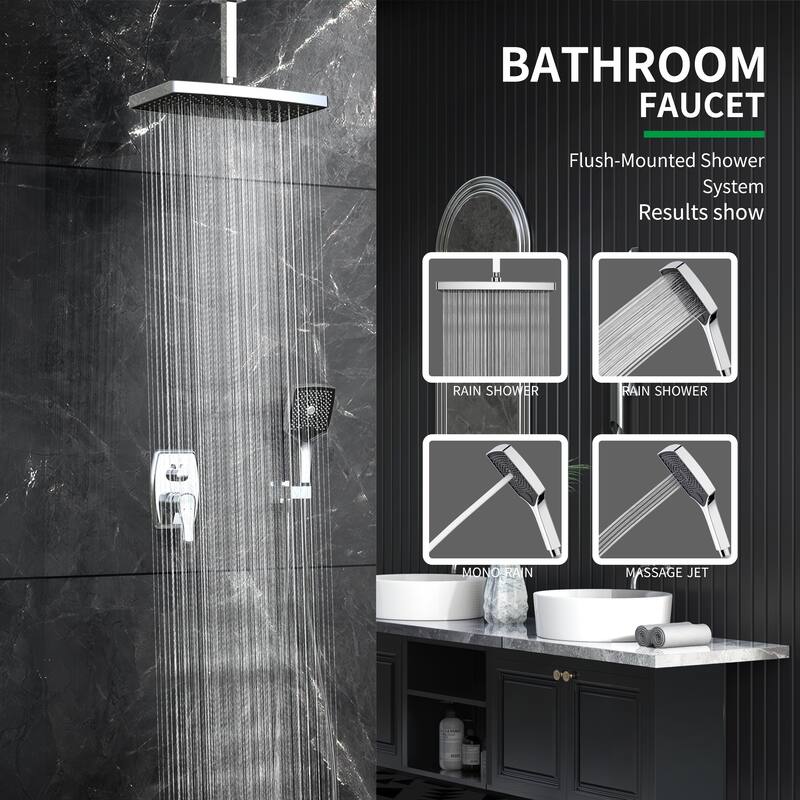 GIVINGTREE Single Handle 3 Spray 14 In.rectangular Ceiling Mounted Shower Faucet With Valve
