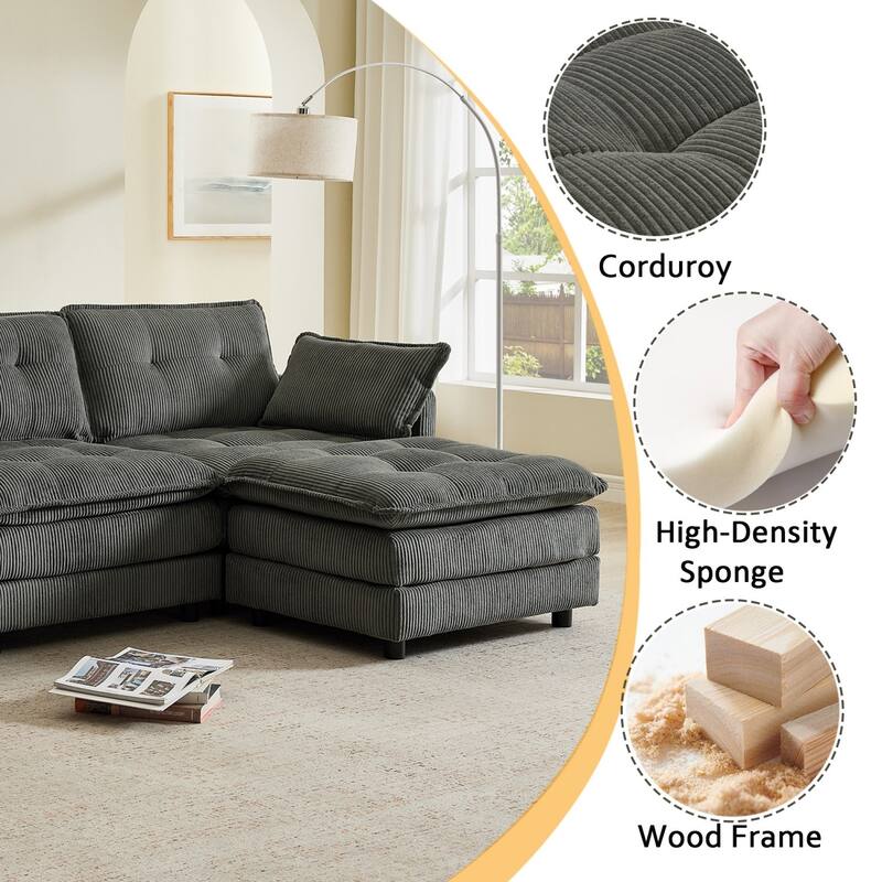 119.2" L-Shaped Corduroy Sectional Sofa with Console and Ottoman