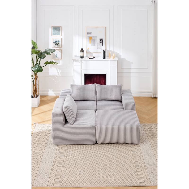 L-Shape Sectional Sofa with Ottoman, Fabric Upholstered Floor Cloud Couch, Modular Corner 3 Seat Sofa with Deep Seat