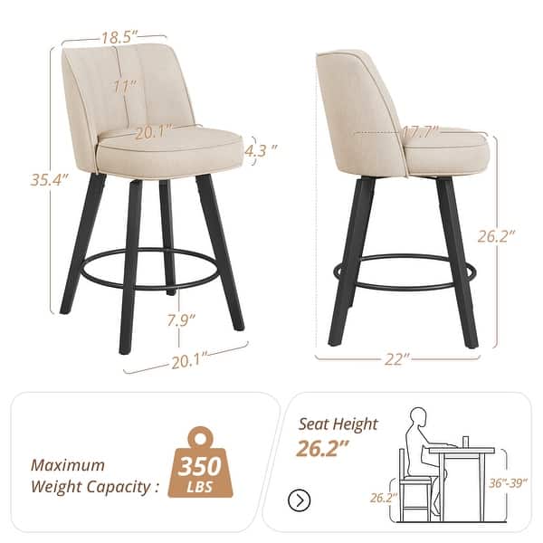 dimension image slide 3 of 5, 26.in Swivel Bar stool PU Leather/Fabric Upholstered Counter Stool, High Back Armless Stool with Wooden Legs
