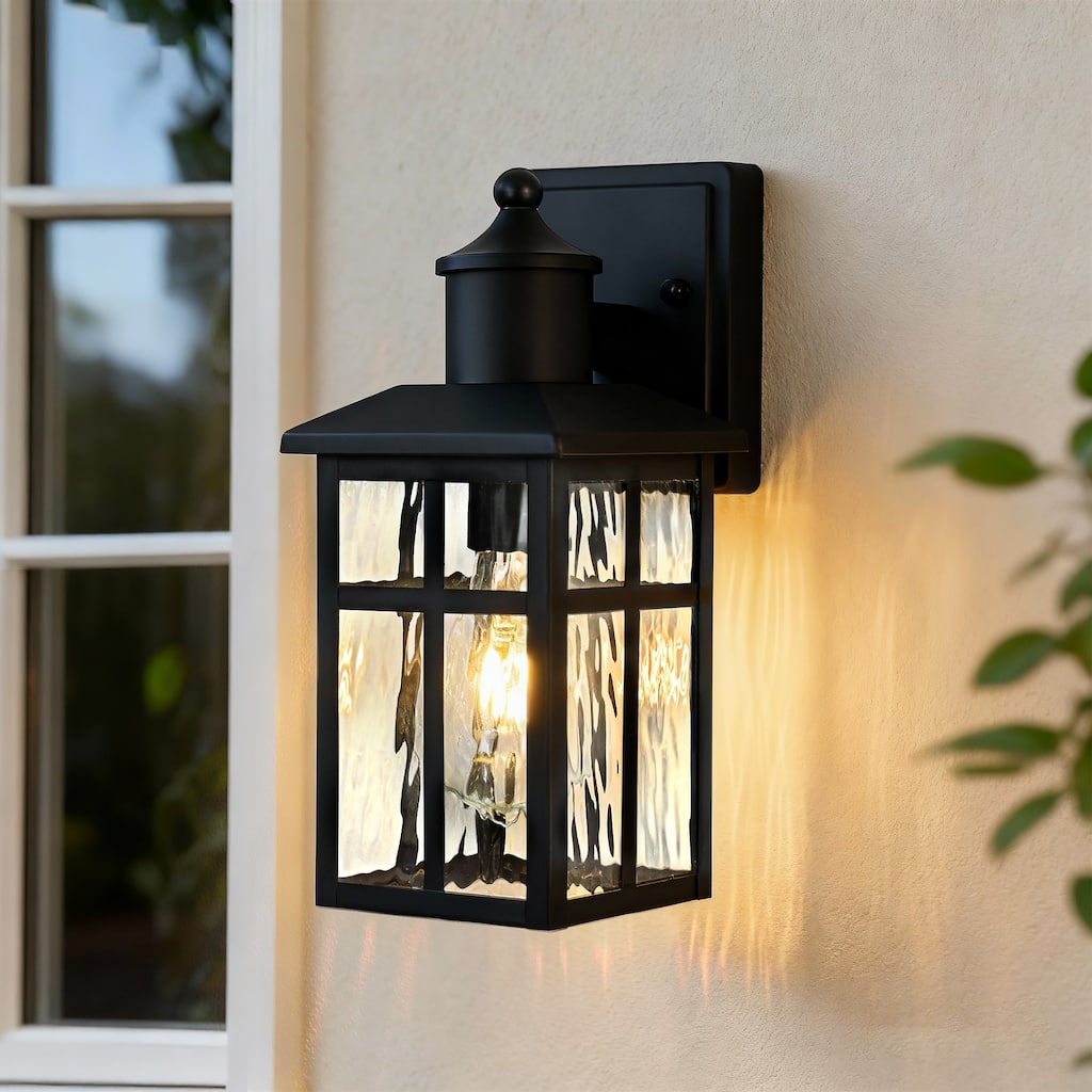 12 in. Black 1-Light Outdoor Wall Lantern Sconce with Water Wave Glass Shade