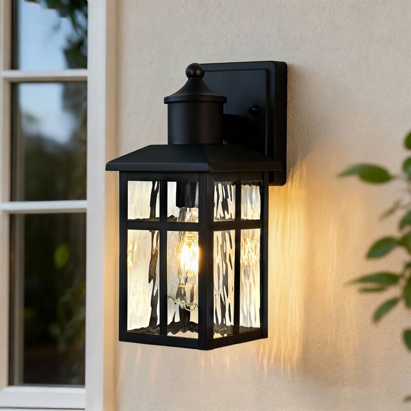 12 in. Black 1-Light Outdoor Wall Lantern Sconce with Water Wave Glass Shade - Black