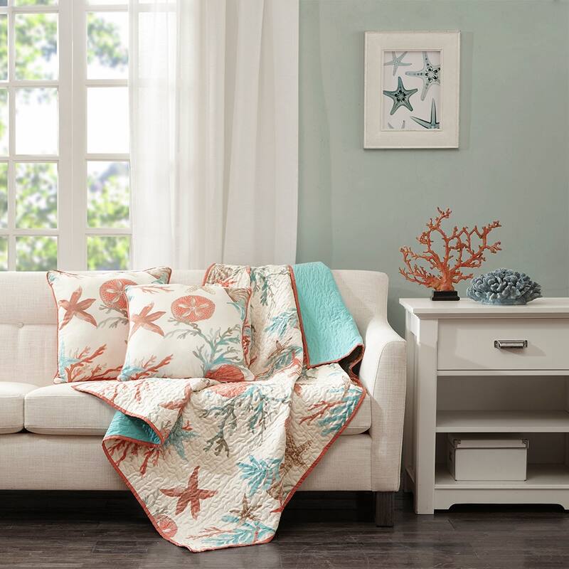 Madison Park Pacific Coral Grove Oversized Cotton Quilted Throw - Coral