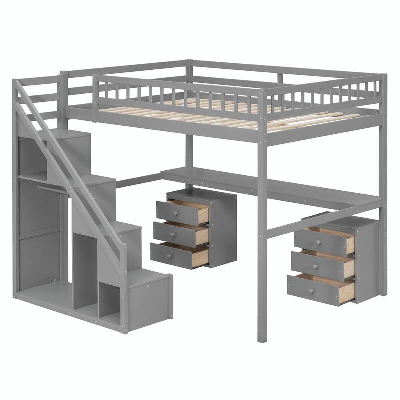 Loft Bed with Two Chest of Drawers, Integrated Desk, and LED Light Strip