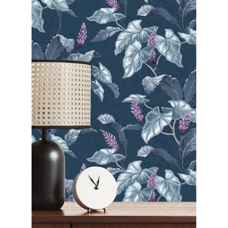 Brewster Meridian Parade Blue Tropical Leaves Wallpaper