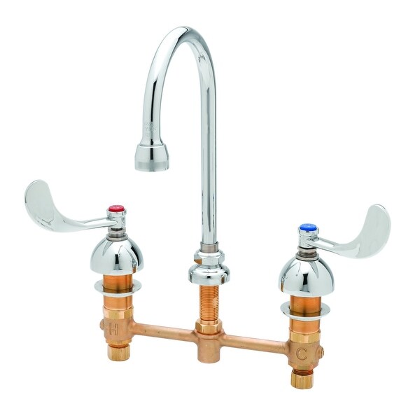 T and S Brass B-2866-04 Deck Mounted Medical Faucet with 8" Centers, Swivel Gooseneck, Rosespray and 4" Wrist Action Handles
