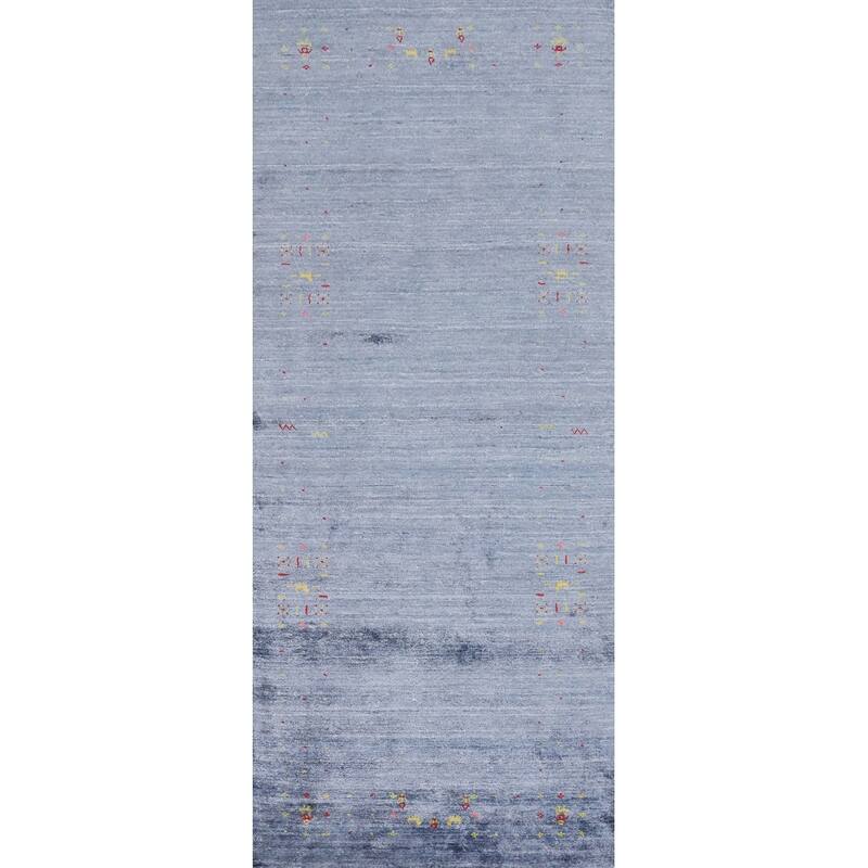Hand Knotted Oriental Viscose Silk Carpet Tribal Animal Pictorial Navy Blue & Blues Gabbeh Runner Rug - 10' 4'' X 3' 9''