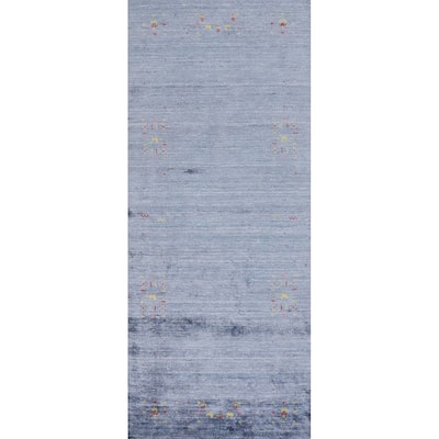Hand Knotted Oriental Viscose Silk Carpet Tribal Animal Pictorial Navy Blue & Blues Gabbeh Runner Rug - 10' 4'' X 3' 9''