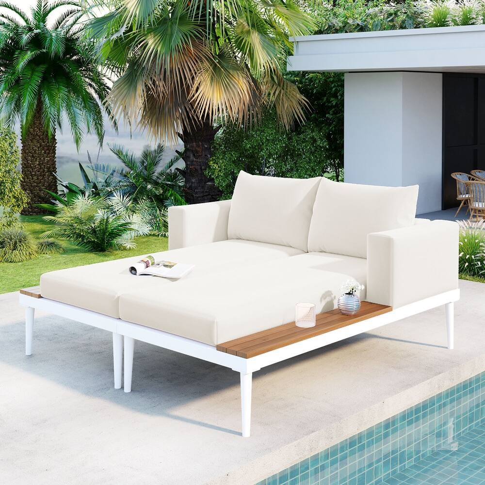 Modern Outdoor Daybed Patio Metal Daybed, 2 in 1 Padded Chaise Lounges for Poolside, Balcony, Deck, Beige