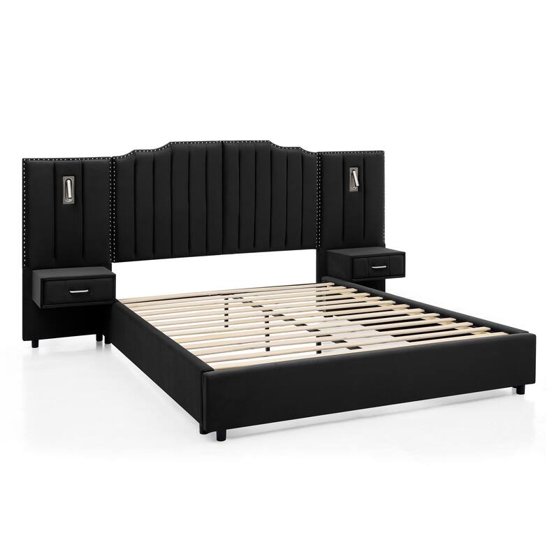 Queen Size Upholstered Bed Frame with Velvet Fabric, Vertical Stripe Design with Buttons Around Platform Bed